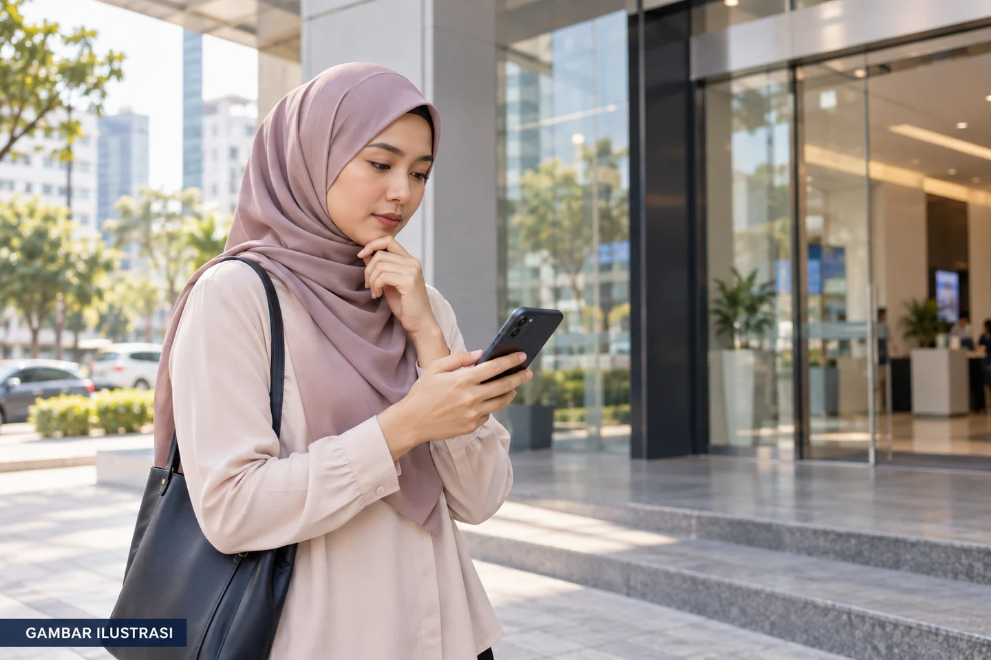 Ilustrasi wanita menyemak telefon di luar bangunan; bukan individu sebenar